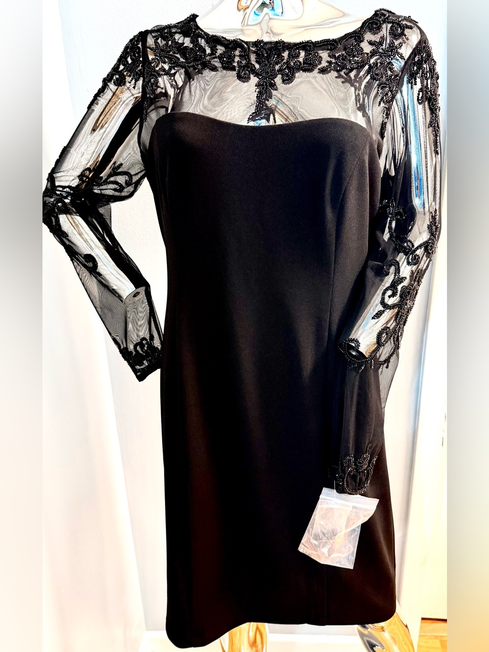David Meister Black Long Sleeve Mesh & Embroidered Cocktail Dress M